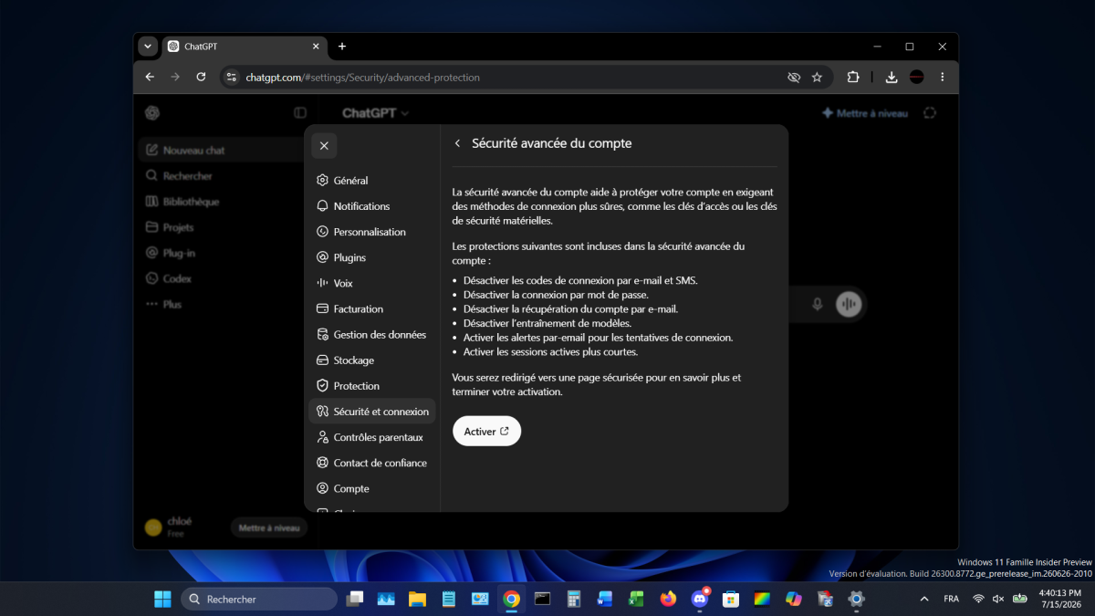 ChatGPT dispose d’un réglage de sécurité avancée pour votre compte, voici comment l’activer