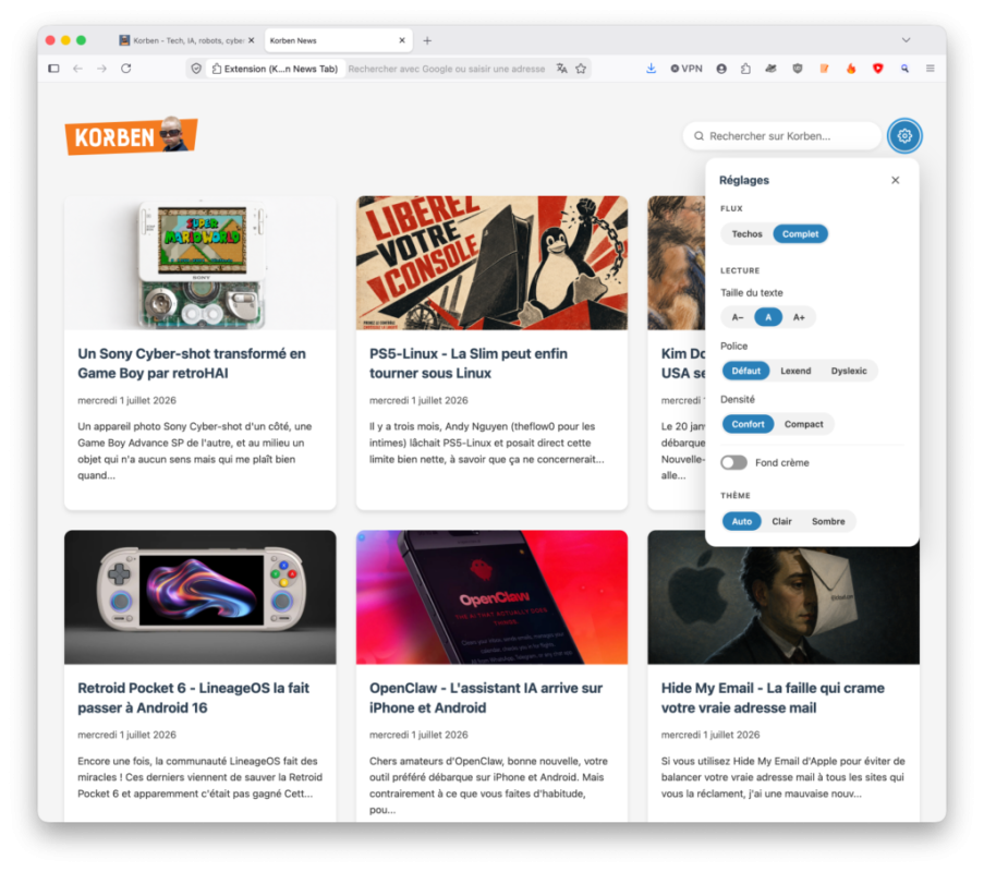 Korben News Tab - Ne ratez plus jamais un seul de mes articles